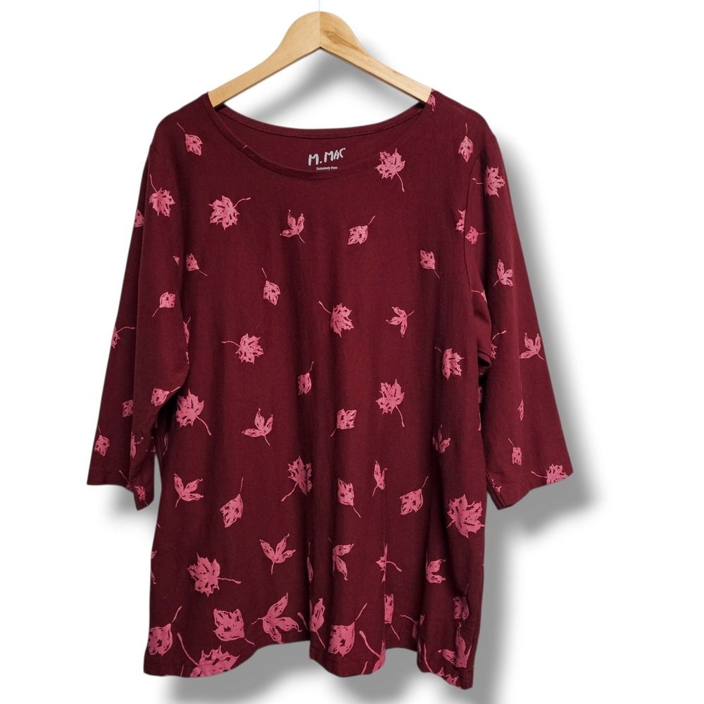 Vermont Country Store M. Mac Top 2X Burgundy Pink Maple Leaf Print Cotton Fall